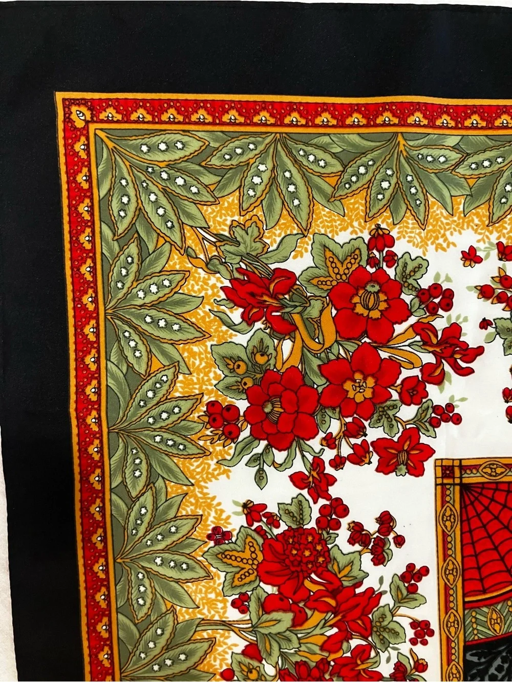 Vtg. Floral Red & Green Border Silk-Feel Scarf